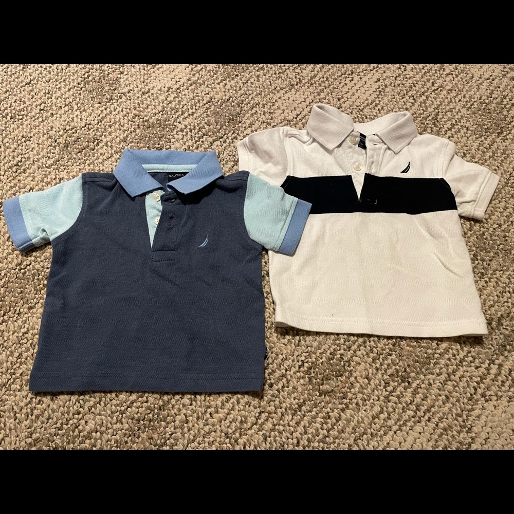 Nautica, 12 month polo shirts, one white and one blue